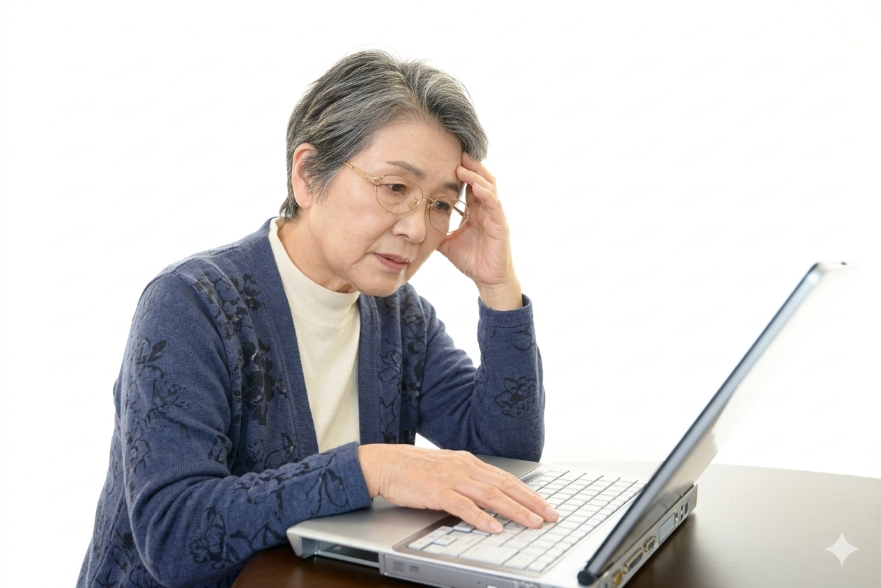 パソコンを前に悩む様子